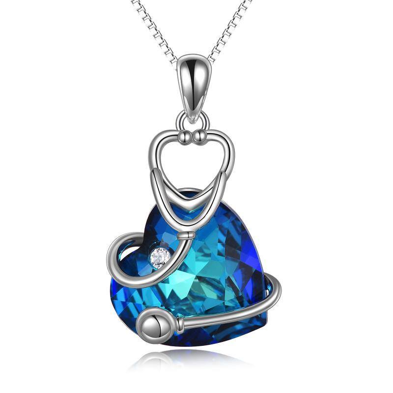 Sterling Silver Stethoscope Pendant Heart Shaped Blue Crystal Pendant Necklace-1