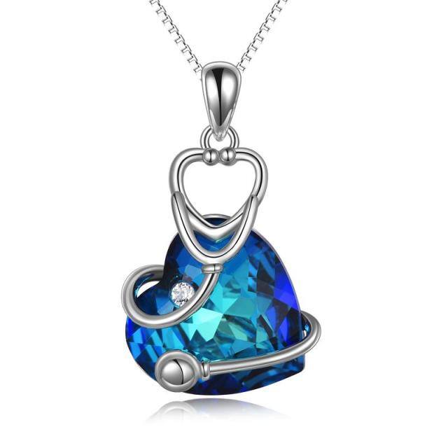 Sterling Silver Stethoscope Pendant Heart Shaped Blue Crystal Pendant Necklace-0
