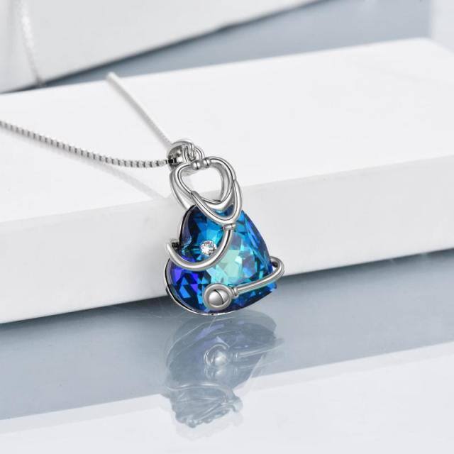 Sterling Silver Stethoscope Pendant Heart Shaped Blue Crystal Pendant Necklace-2