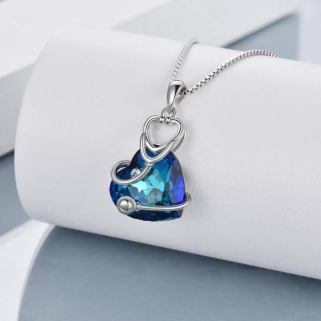 Pingente de estetoscópio de prata esterlina Colar de pingente de cristal azul em forma de coração-3