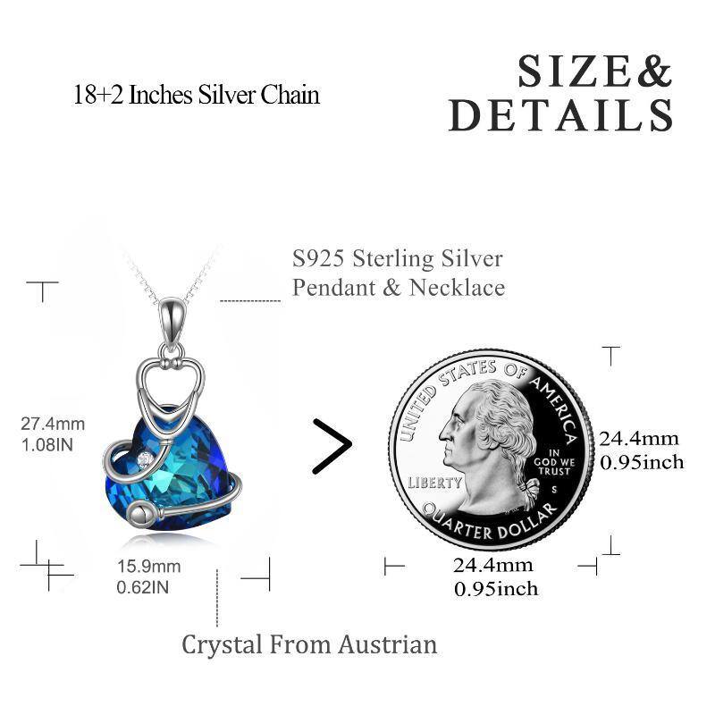 Sterling Silber Stethoskop Anhänger Herzform Blauer Kristall Anhänger Halskette-5