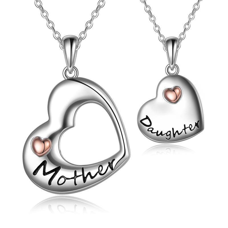 Sterling Silver Two-tone Mother & Daughter Couple Heart Pendant Necklace