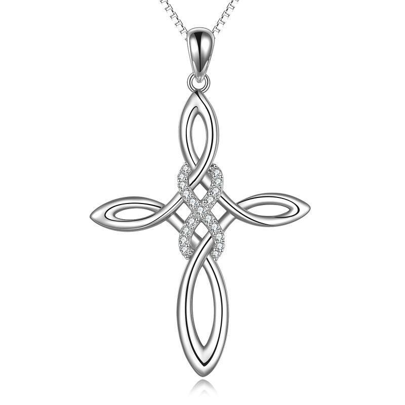 Sterling Silver Round Cubic Zirconia Cross & Infinity Symbol Pendant Necklace-1