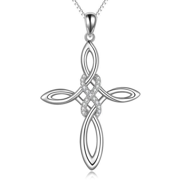 Sterling Silver Round Cubic Zirconia Cross & Infinity Symbol Pendant Necklace-0