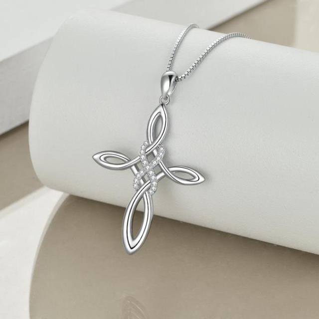 Sterling Silver Round Cubic Zirconia Cross & Infinity Symbol Pendant Necklace-3