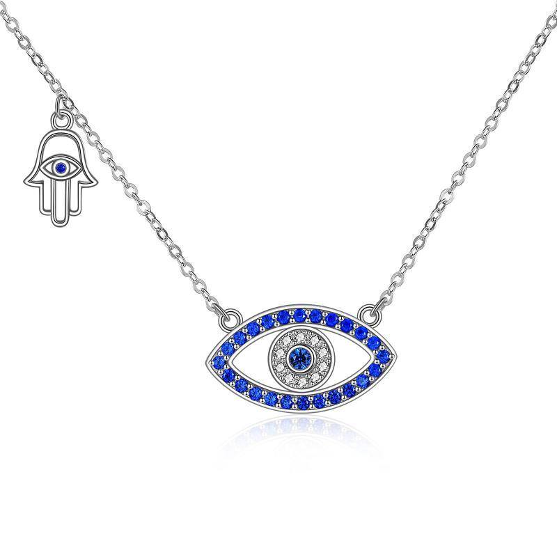 Sterling Silver Cubic Zirconia Blue Evil Eye & Hamsa Hand Pendant Necklace-1