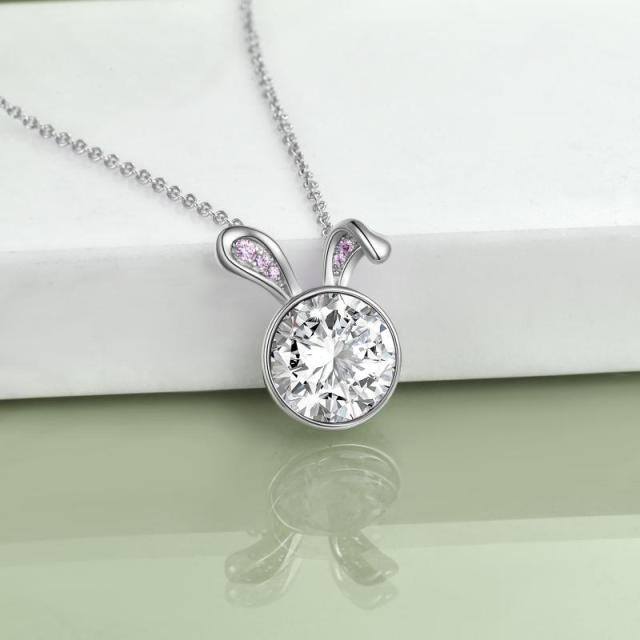 Sterling Silver Circular Shaped Cubic Zirconia Rabbit Pendant Necklace-3