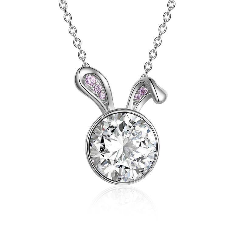 Sterling Silver Circular Shaped Cubic Zirconia Rabbit Pendant Necklace-1
