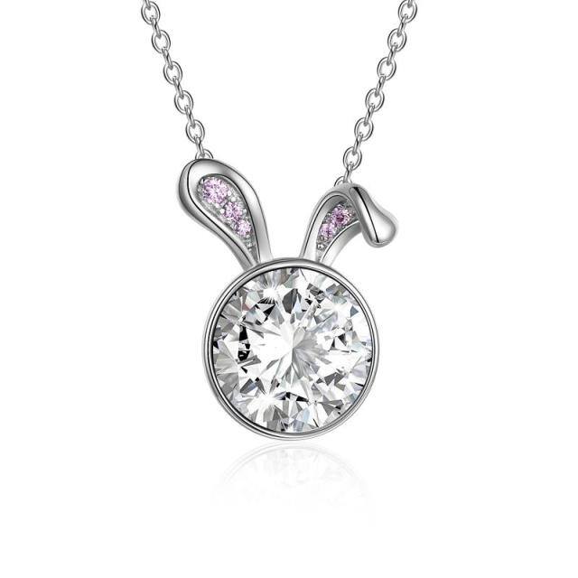 Sterling Silver Circular Shaped Cubic Zirconia Rabbit Pendant Necklace-0