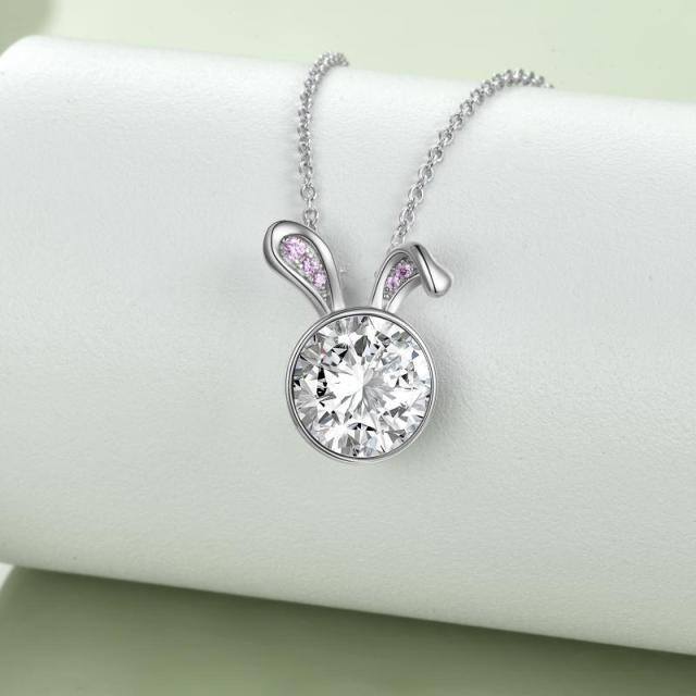 Sterling Silver Circular Shaped Cubic Zirconia Rabbit Pendant Necklace-2