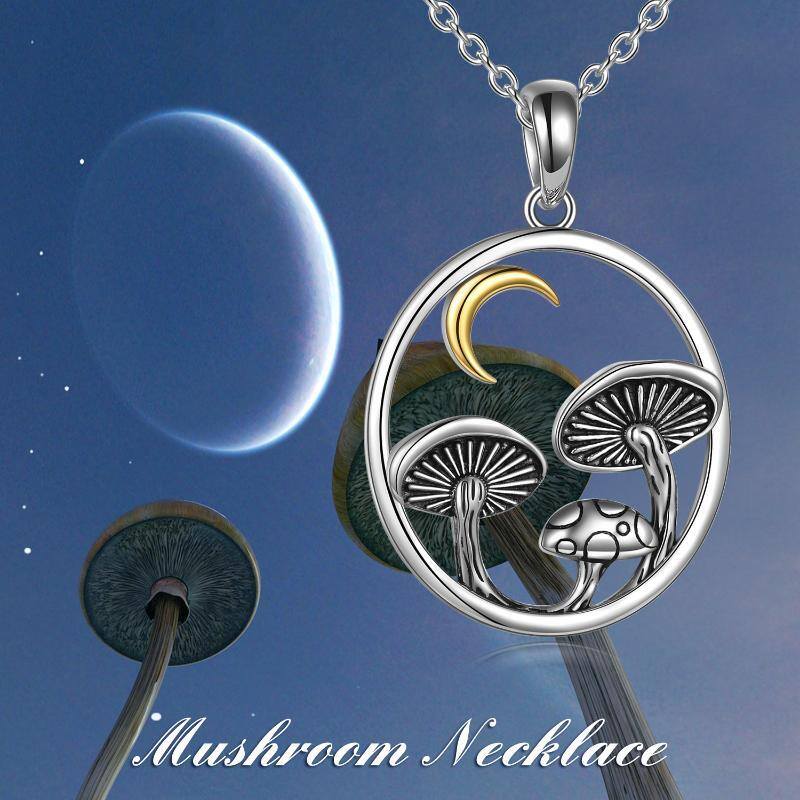 Sterling Silver Two-tone Mushroom & Moon Round Pendant Necklace-6