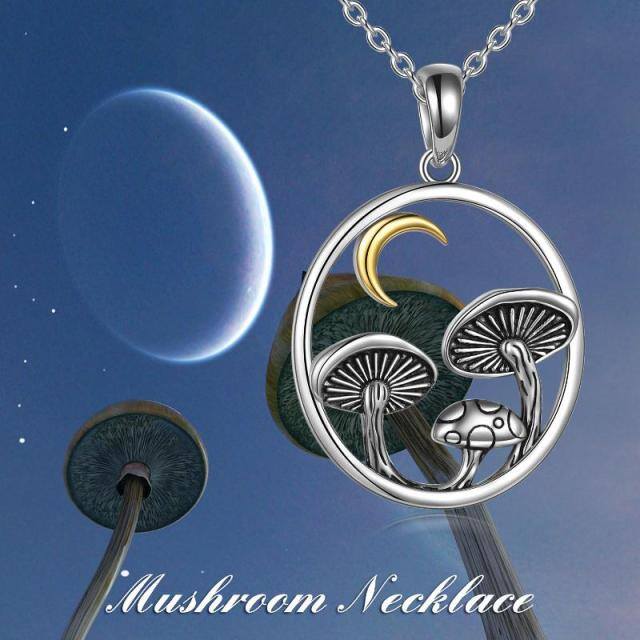 Sterling Silver Two-tone Mushroom & Moon Round Pendant Necklace-5