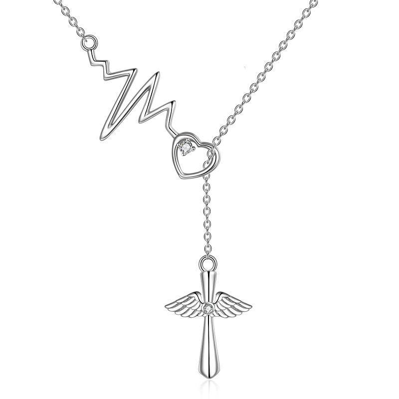 Collier en argent sterling en forme de croix, d'électrocardiogramme et de coeur avec zirco-1