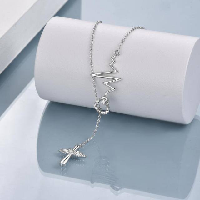 Sterling Silver Circular Shaped Cubic Zirconia Cross & Electrocardiogram & Heart Adjustable Y Necklace-2