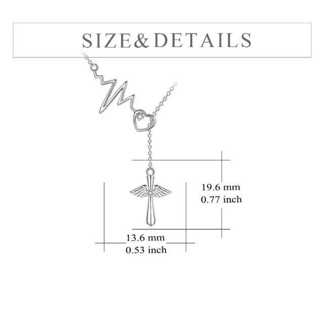 Sterling Silver Circular Shaped Cubic Zirconia Cross & Electrocardiogram & Heart Adjustable Y Necklace-4