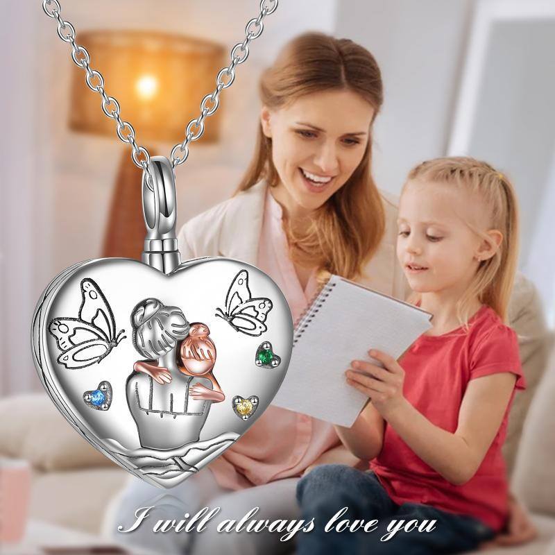 Sterling Silver Two-tone Round Cubic Zirconia Butterfly & Parents & Children & Heart Urn Necklace for Ashes with Engraved Word-6