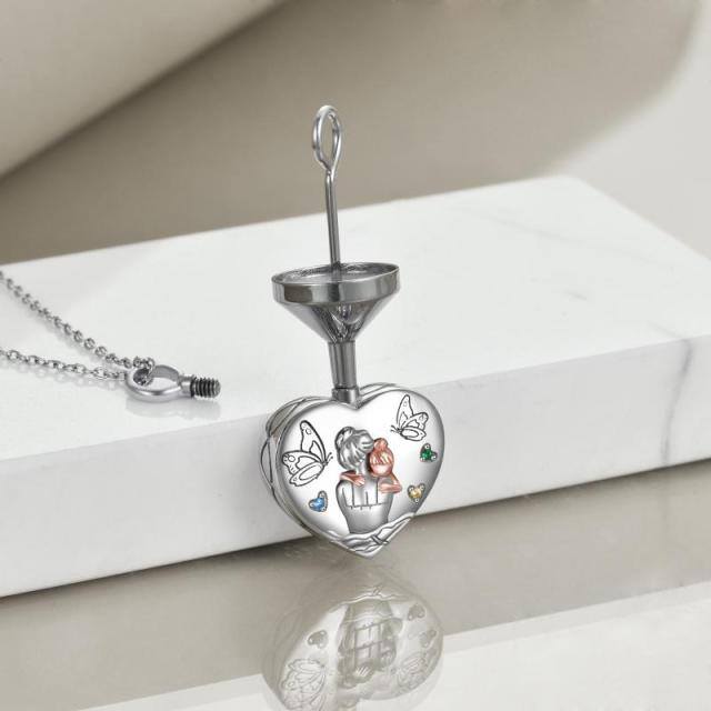 Sterling Silver Two-tone Round Cubic Zirconia Butterfly & Parents & Children & Heart Urn Necklace for Ashes with Engraved Word-2