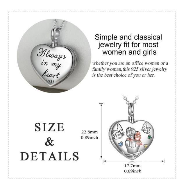 Sterling Silver Two-tone Round Cubic Zirconia Butterfly & Parents & Children & Heart Urn Necklace for Ashes with Engraved Word-4