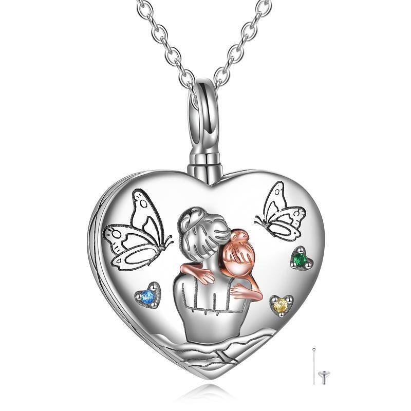 Sterling Silver Two-tone Round Cubic Zirconia Butterfly & Parents & Children & Heart Urn Necklace for Ashes with Engraved Word