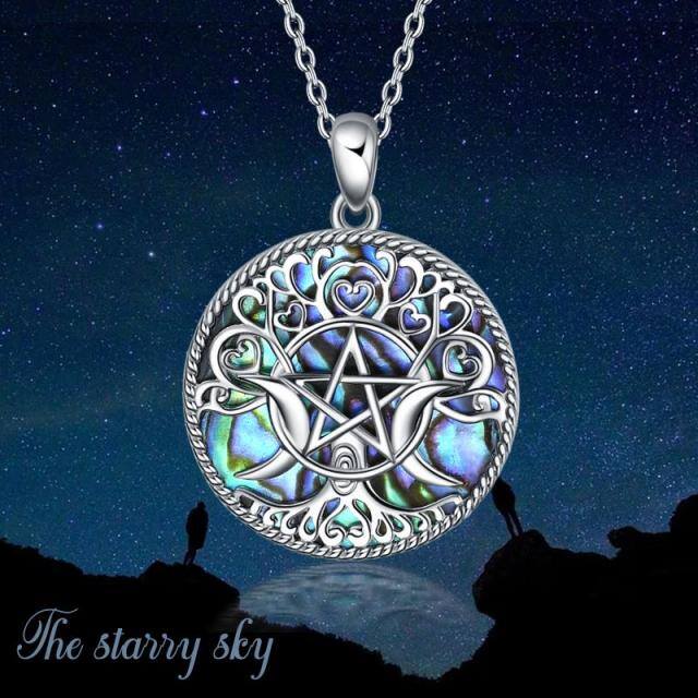 Collar de plata de ley Abalone Shellfish Tree Of Life & Triple Moon Goddess Pendant-2