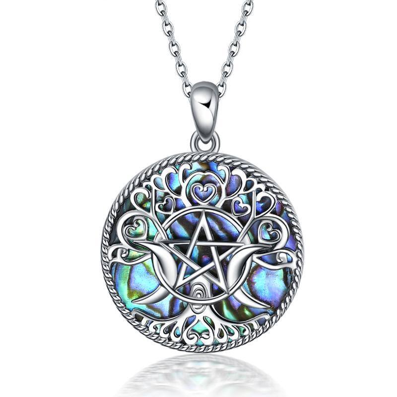 Sterling Silver Abalone Shellfish Tree Of Life & Triple Moon Goddess Pendant Necklace-1