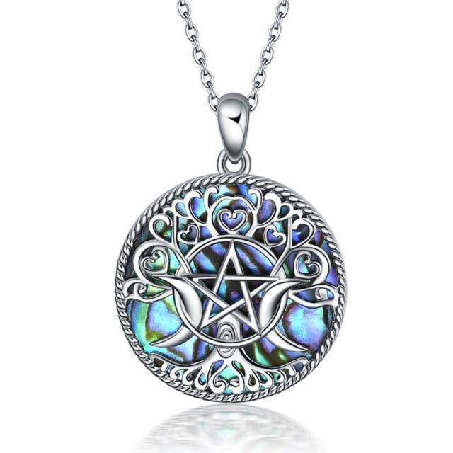 Sterling Silver Abalone Shellfish Tree Of Life & Triple Moon Goddess Pendant Necklace-0