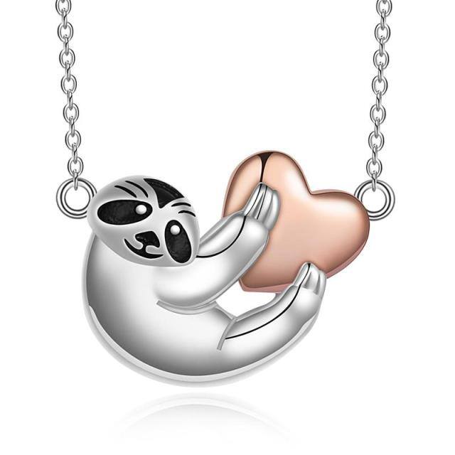 Sterling Silver Two-tone Sloth & Heart Pendant Necklace-0