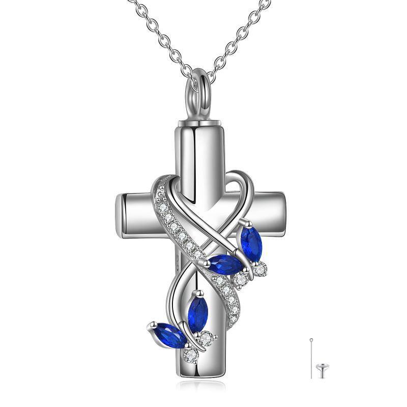 Sterling Silver Cubic Zirconia Butterfly & Cross Urn Necklace for Ashes with Engraved Word-1