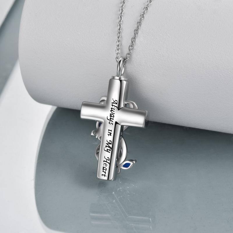 Sterling Silver Cubic Zirconia Butterfly & Cross Urn Necklace for Ashes with Engraved Word-3