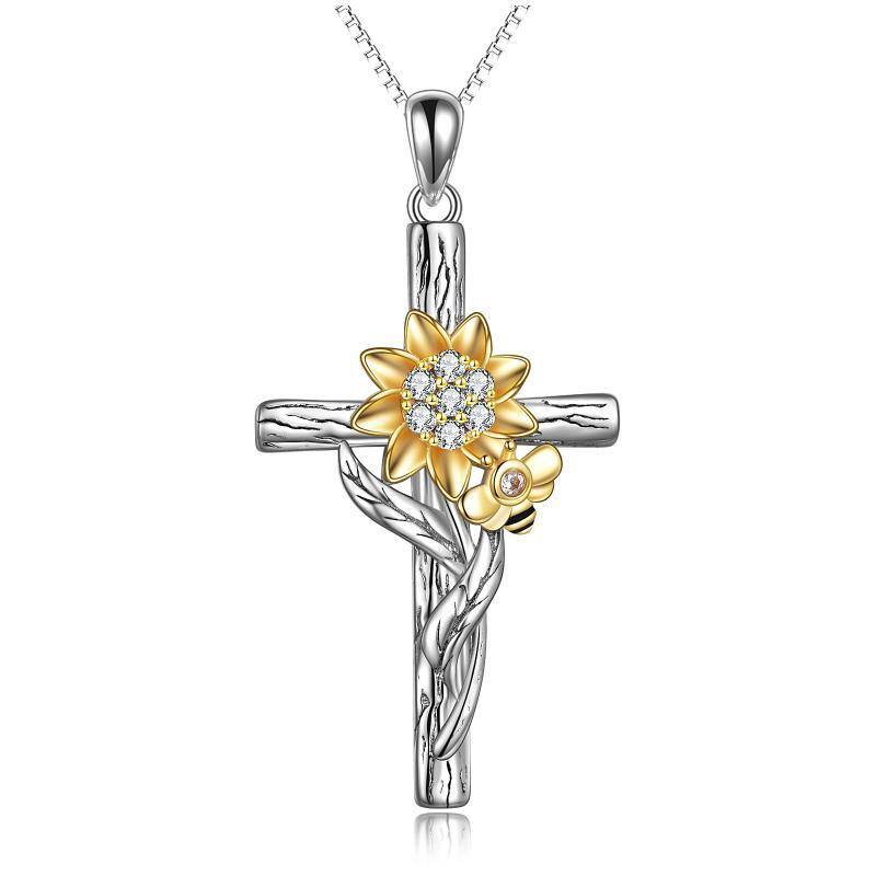 Sterling Silber zweifarbig kreisförmig Zirkon Sonnenblume & Kreuz-Anhänger Halskette-1