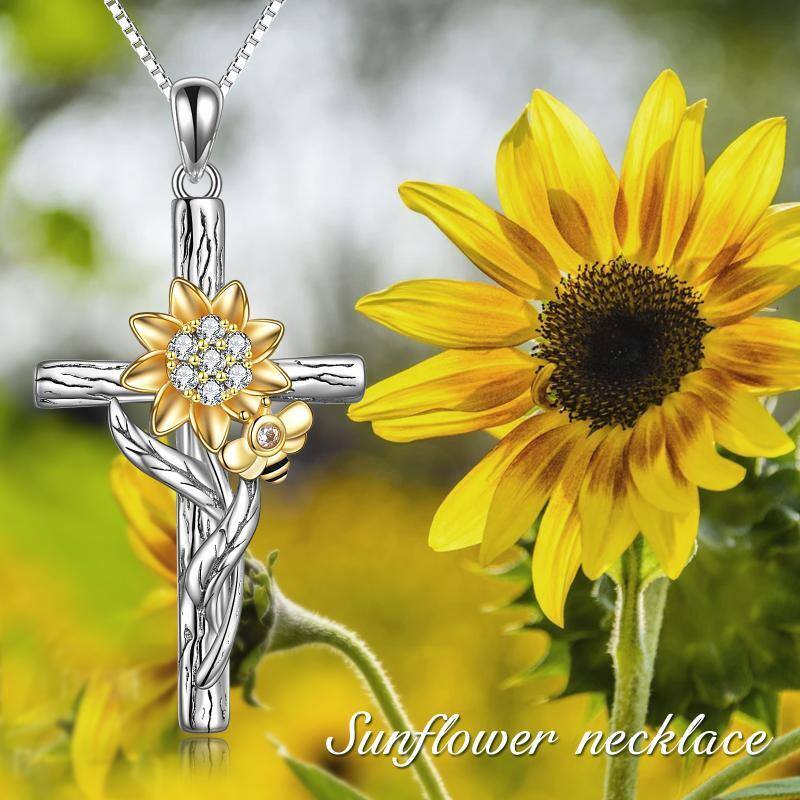 Sterling Silver Two-tone Circular Shaped Zircon Sunflower & Cross Pendant Necklace-6
