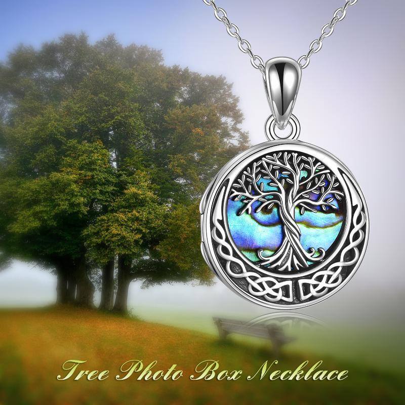 Collar con medallón de foto personalizado con nudo celta del árbol de la vida de mariscos de abulón de plata de ley con palabra grabada-6