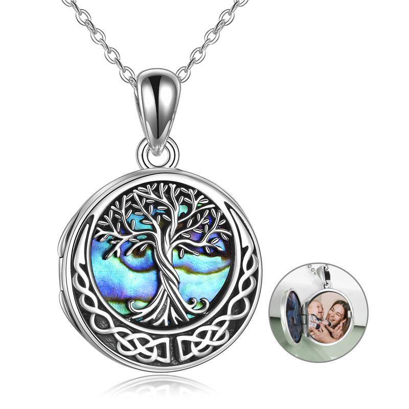 Collar con medallón de foto personalizado con nudo celta del árbol de la vida de mariscos de abulón de plata de ley con palabra grabada-1