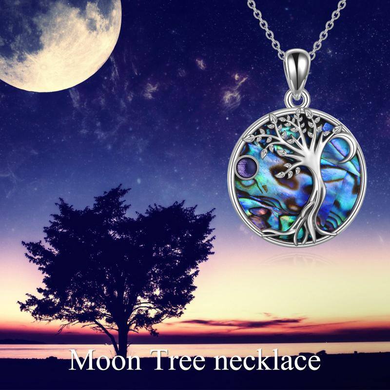 Sterling Silver Abalone Shellfish Tree Of Life & Moon Pendant Necklace-6