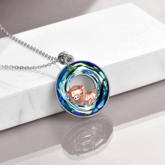 Sterling Silver Two-tone Round Pig Crystal Pendant Necklace-3