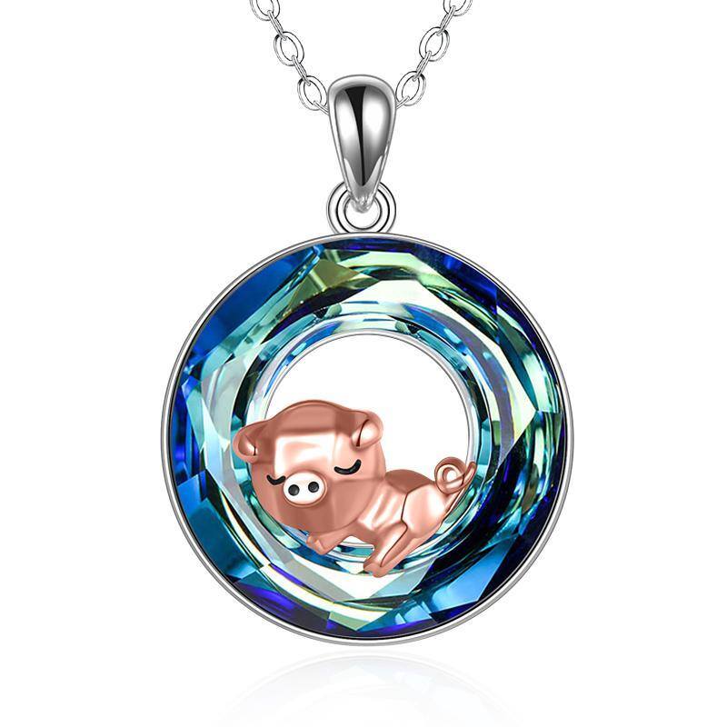 Sterling Silver Two-tone Round Pig Crystal Pendant Necklace-1