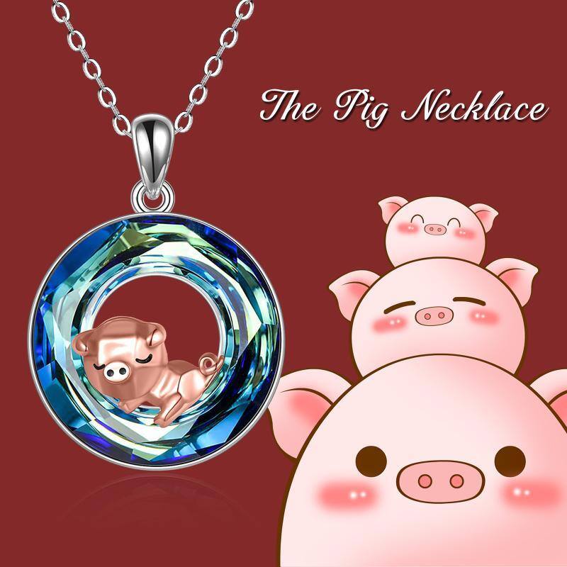 Sterling Silver Two-tone Round Pig Crystal Pendant Necklace-6
