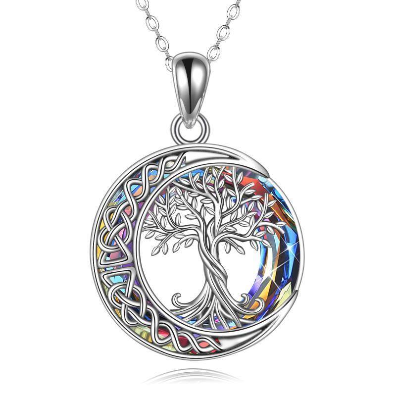 Sterling Silver Tree Of Life Celtic Knot & Moon Crystal Pendant Necklace-1