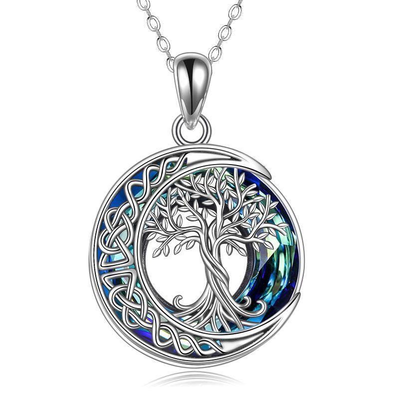 Sterling Silver Tree Of Life Celtic Knot & Moon Circle Crystal Pendant Necklace-1