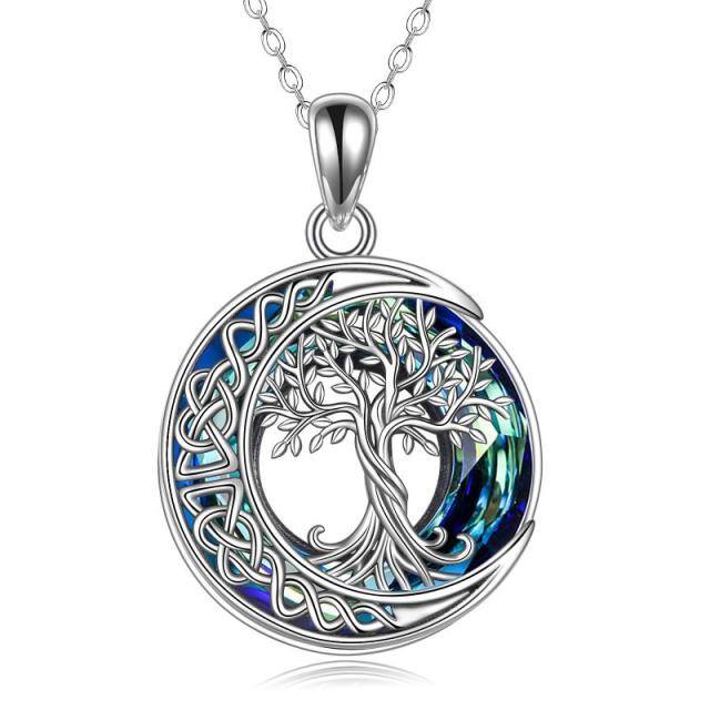 Sterling Silver Tree Of Life Celtic Knot & Moon Circle Crystal Pendant Necklace-0