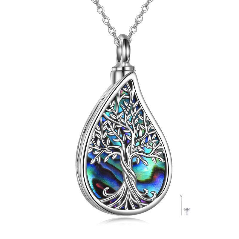 Sterling Silver Abalone Shellfish Tree Of Life & Drop Shape Urn Necklace for Ashes with Engraved Word-1