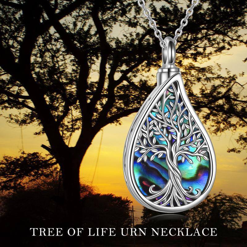 Plata de ley Abalone Shellfish Tree Of Life & Drop Shape Urn collar con palabra grabada-3