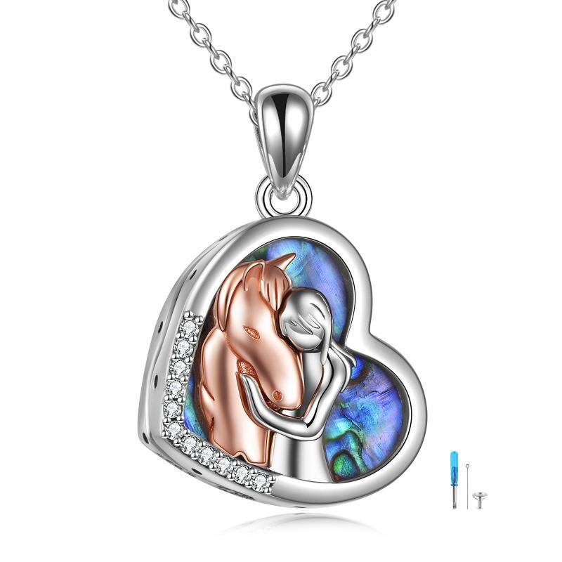 Sterling Silver Two-tone Abalone Shellfish Horse & Heart Urn Necklace for Ashes-1