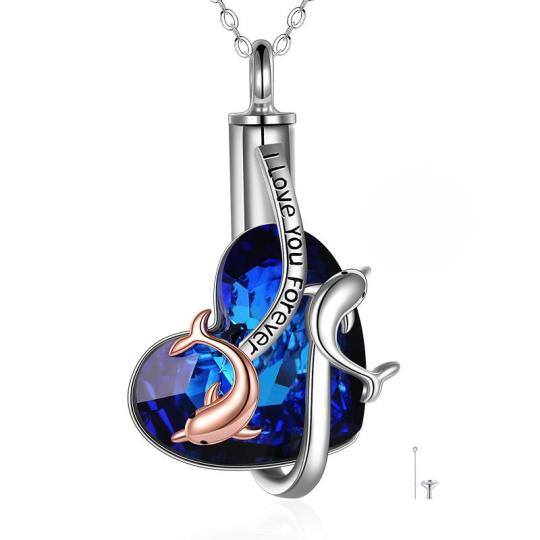 Collana d'argento a forma di cuore con delfino e urna a forma di cuore per le ceneri con parola incisa