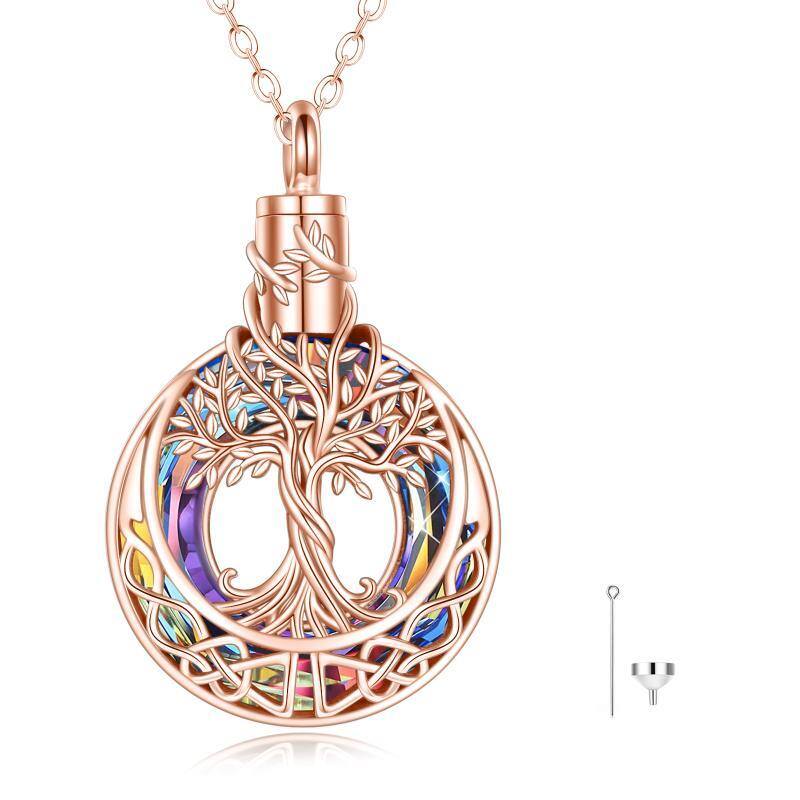 Sterling Silver with Rose Gold Plated Circular Shaped Crystal Tree Of Life & Celtic Knot Urn Necklace for Ashes-1