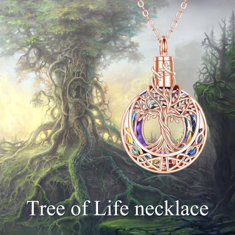 Sterling Silver with Rose Gold Plated Circular Shaped Crystal Tree Of Life & Celtic Knot Urn Necklace for Ashes-6