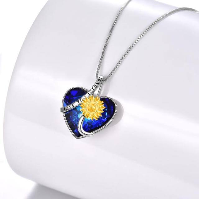 Sterling Silver Two-tone Heart Shaped Sunflower & Heart Crystal Pendant Necklace with Engraved Word-2