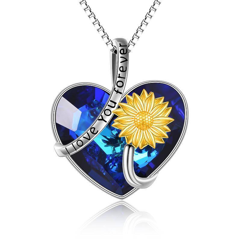 Sterling Silver Two-tone Heart Shaped Sunflower & Heart Crystal Pendant Necklace with Engraved Word-1