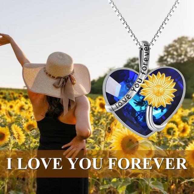 Sterling Silver Two-tone Heart Shaped Sunflower & Heart Crystal Pendant Necklace with Engraved Word-5