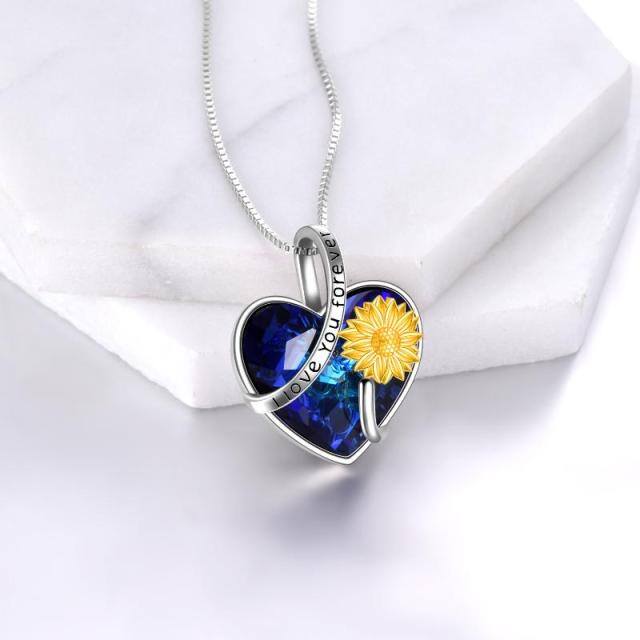 Sterling Silver Two-tone Heart Shaped Sunflower & Heart Crystal Pendant Necklace with Engraved Word-3